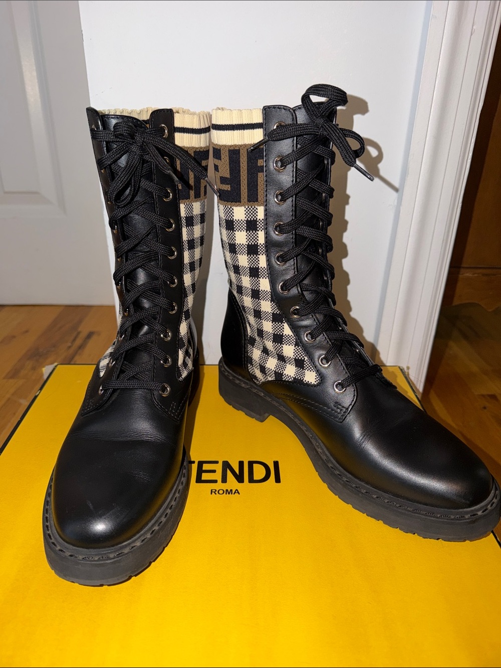 Fendi Black Leather Combat Boots with Beige Check Knit Panels size 38